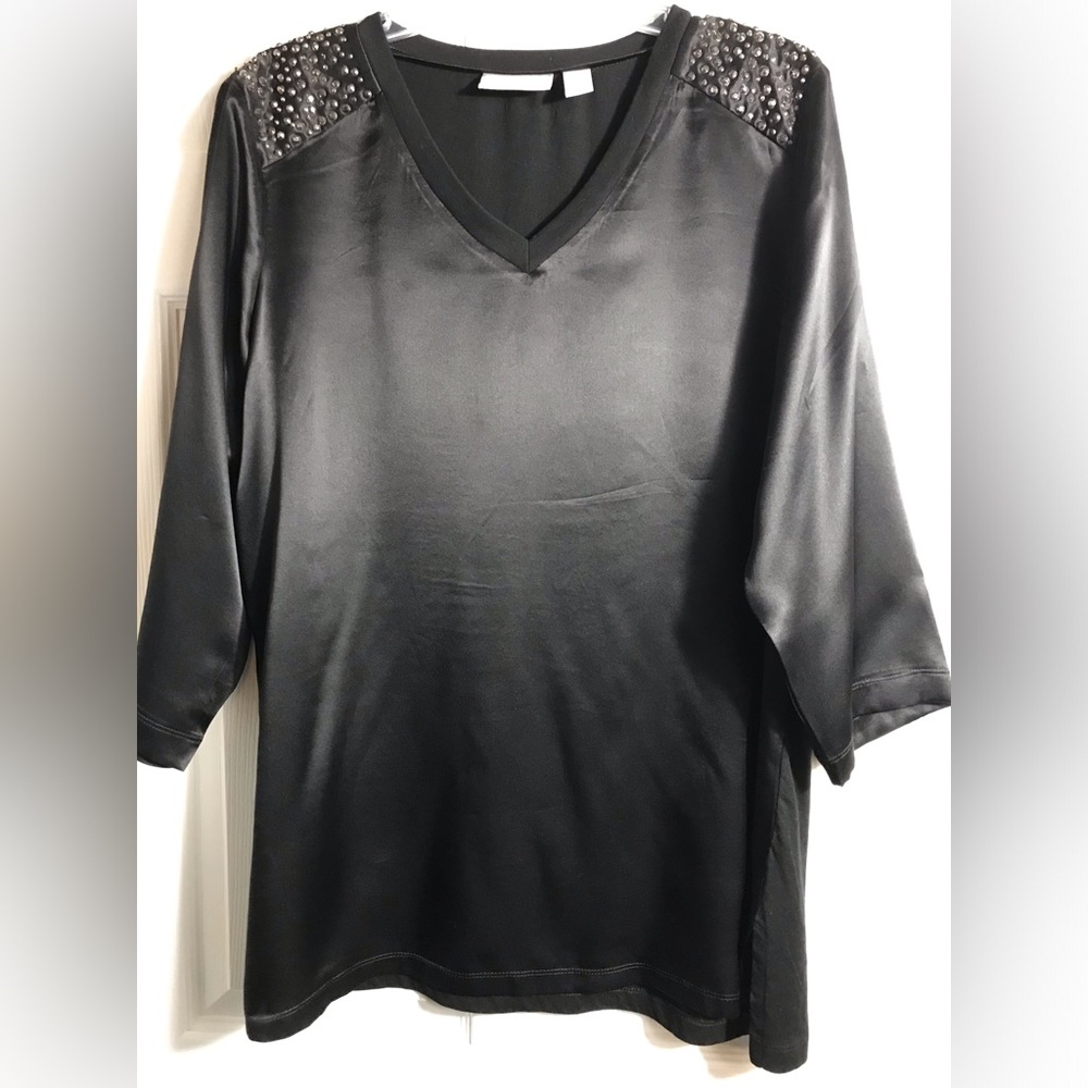 Chicos Black Satin V-Neck Studded Shoulder Top 3